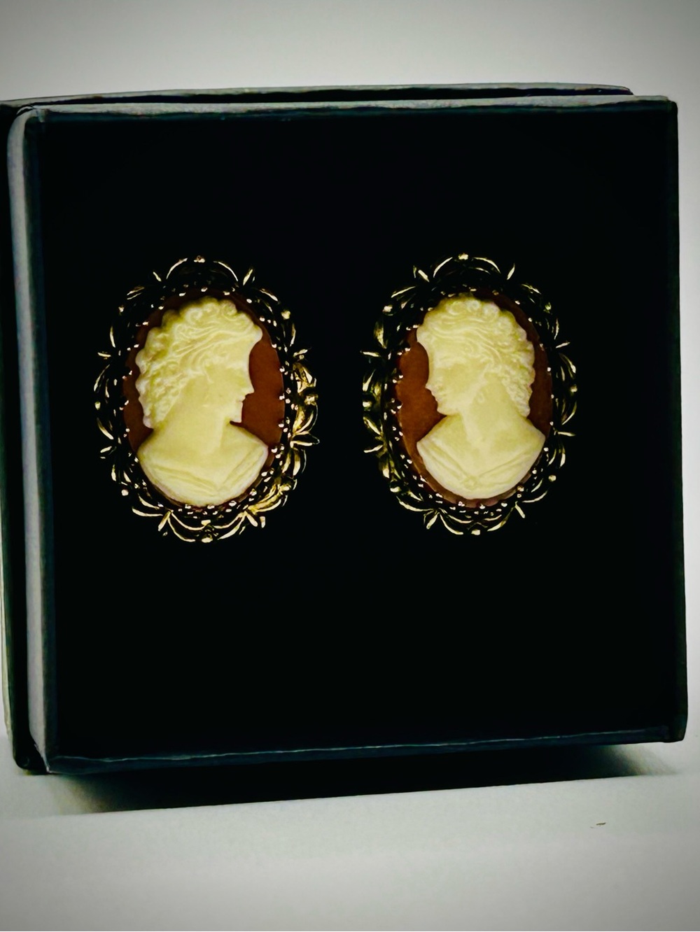 Vintage Victorian Revival cameo style Earrings Gold Tone Clip On Bridgerton